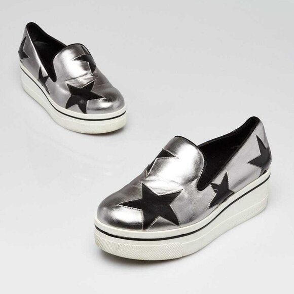 Stella McCartney Silver Faux Leather Star Platform Sneakers Size 5.5/36 - Picture 1 of 5